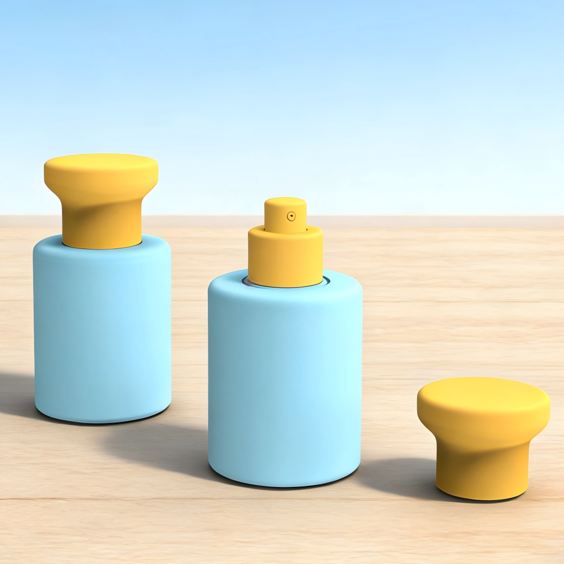 Matte short wide cylindrical spray bottle with interchangeable hourglass shaped protective cap, fine mist pump travel skincare container